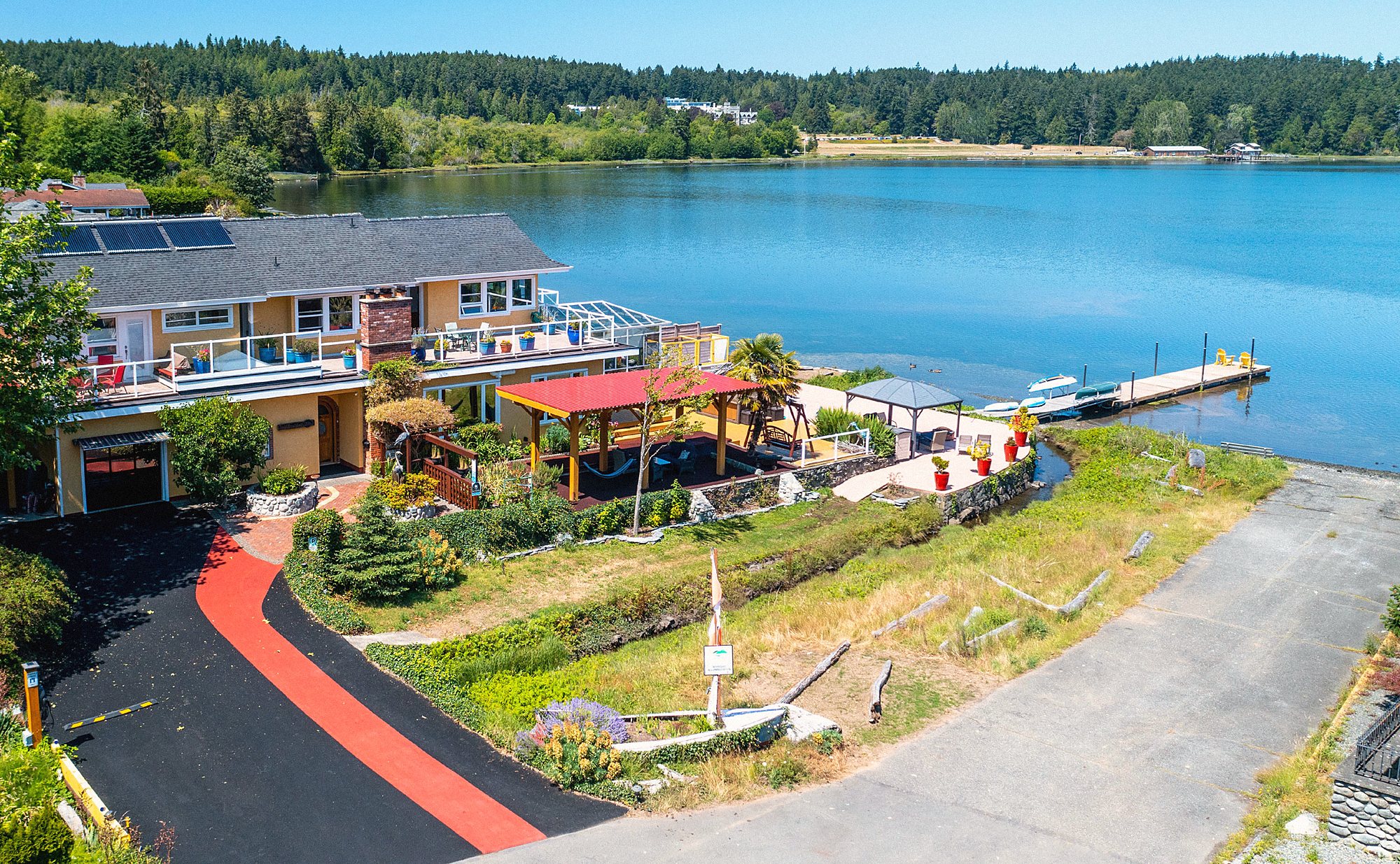 Birds of a Feather B&B and its dock on the Esquimalt Lagoon, from the air